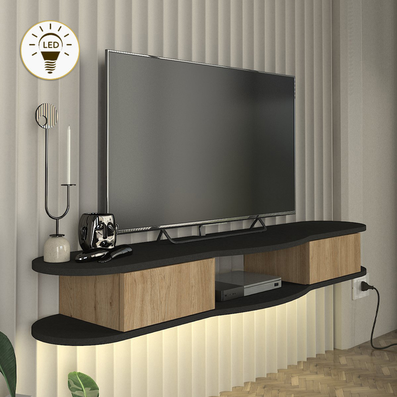 Έπιπλο τηλεόρασης επιτοίχιο Perk Megapap με LED χρώμα ανθρακί - sepet oak 150x35x19